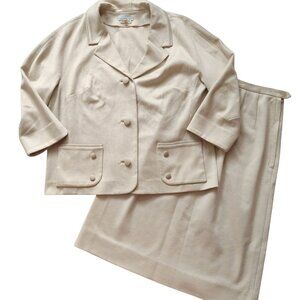 Vintage Mid Century Womens Skirt Suit M L Beige Tonal Stripe 1960s Jackie O